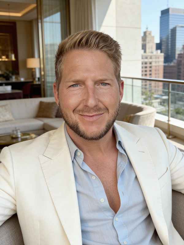 Callboy Maximilian von haut-nah.org auf Rooftop vor Hotelzimmer und Skyline