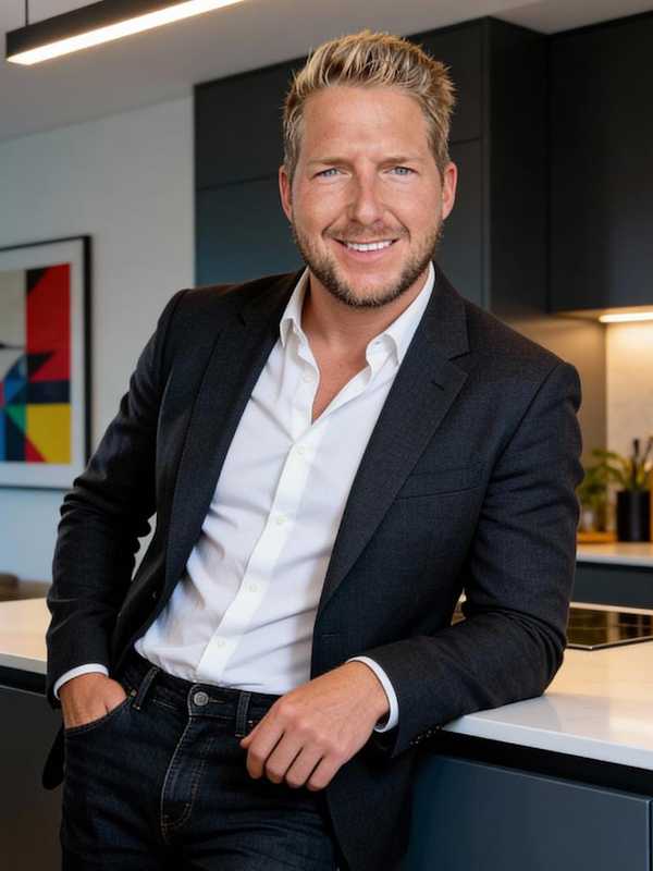 Escort Mann Maximilian von haut-nah.org mit schwarzen Sakko, angelehnt an Küchenzeile