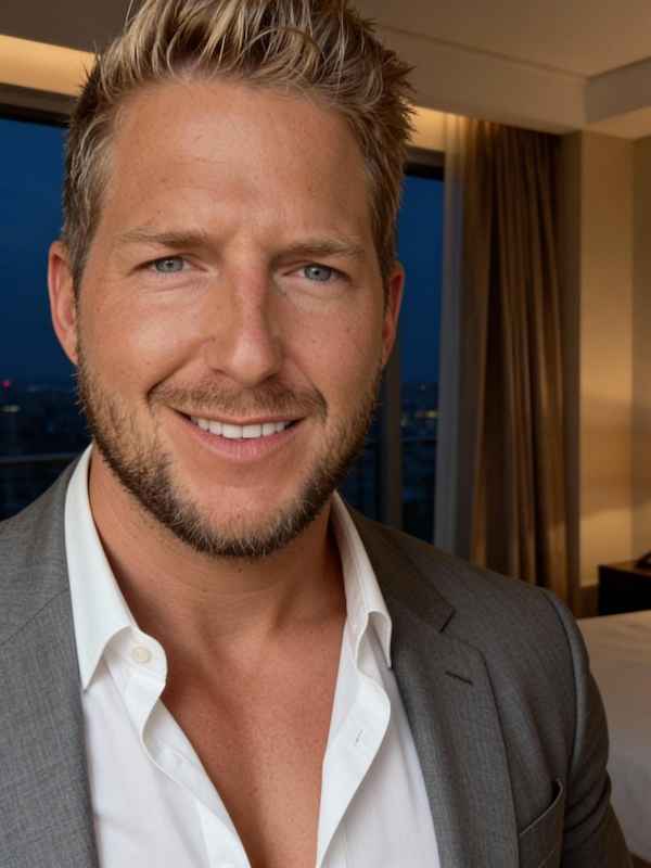 Escort Mann Maximilian von haut-nah.org mit leicht offenen, weissen Hemd und grauen Anzug im Hotelzimmer