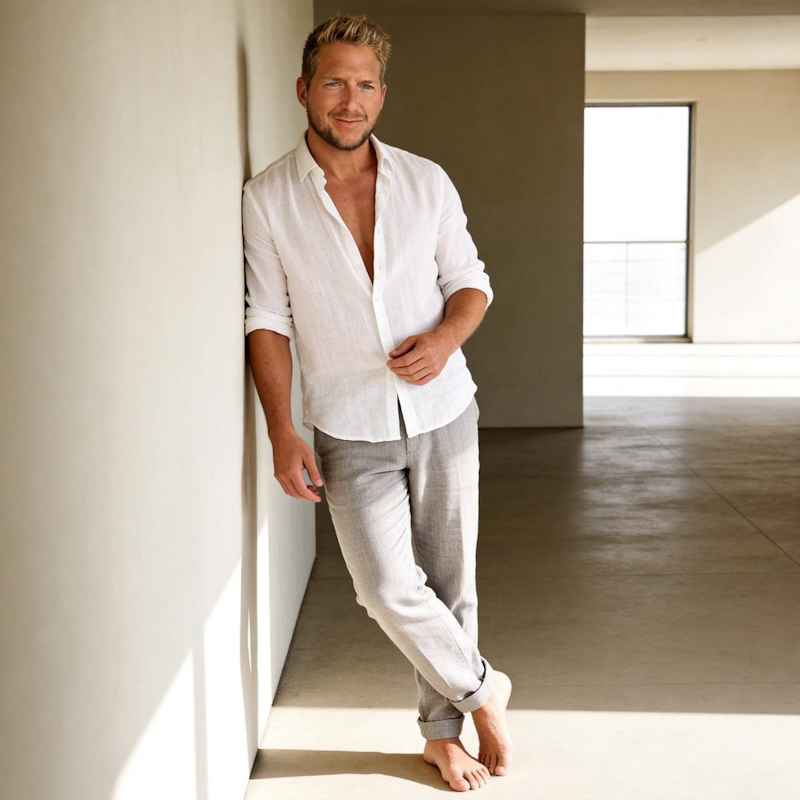 Male Escort Maximillian from haut-nah.org in white linen leaning against the wall