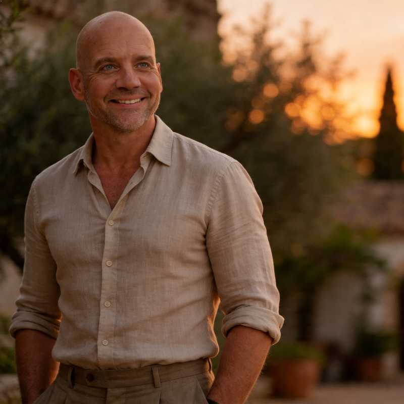 Callboy Sascha von haut-nah.org Casual Leinen Look vor Finca beim Sunset