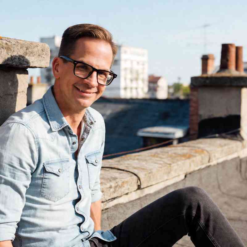 Callboy Thomas von haut.nah.org im Denim Look auf Dachterasse mit Steinwand