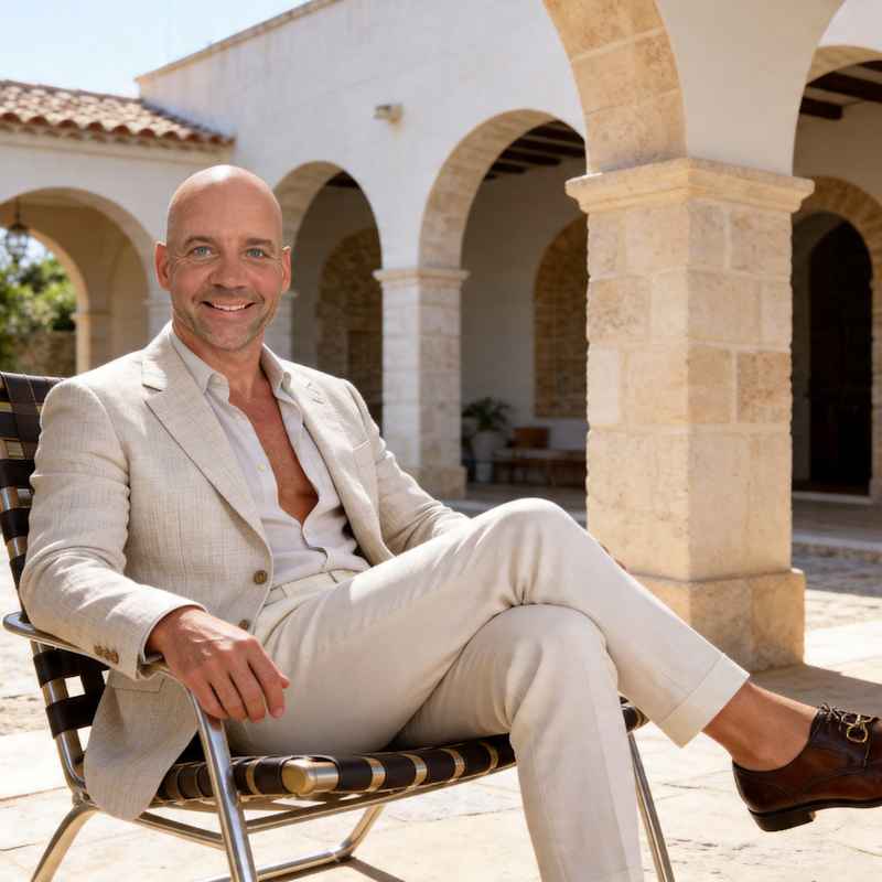 Escort Mann Sascha von haut-nah.org im Finca Innenhof, stilvoll gekleidet im Sitzen