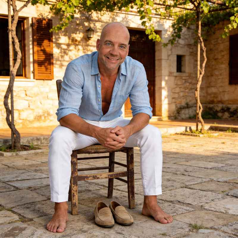 Escort Mann Sascha von haut-nah.org vor rustikaler Finca im Sitzen, Schuhe ausgezogen