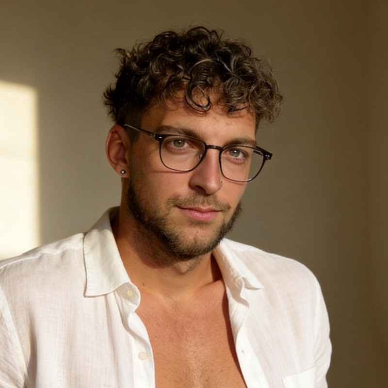 Callboy Alvaro von haut-nah.org halbsitzend auf Boden mit Brille und offenem Hemd