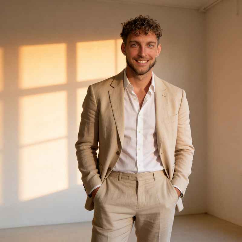 Callboy Alvaro von haut-nah.org stehend im Leinenanzug