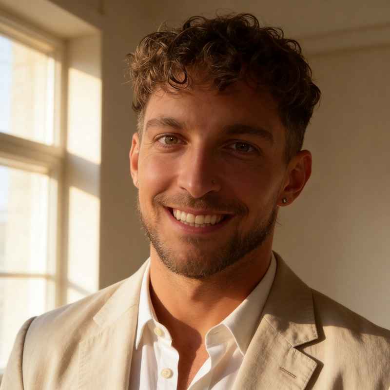 Callboy Alvaro von haut-nah.org stehend im Leinenanzug Mediumshot