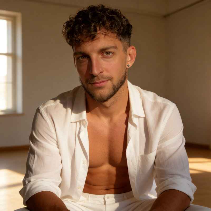 Escort Mann Alvaro von haut-nah.org mit offenem, weissen Leinenhemd