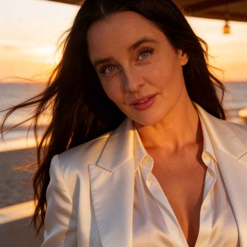 Begleitfrau Marzia von haut-nah.org mit weissen Seideblazer und Bluse im Beachclub, Headshot mit wehenden Haaren