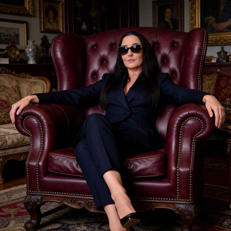 Begleitfrau Marzia von haut-nah.org exentrisch mit Sonnenbrille im weinroten Vintagesessel