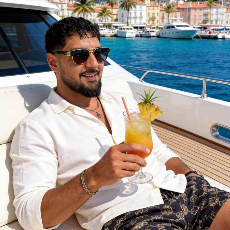 Callboy Alessandro von haut-nah.org mit Sonnenbrille trinkt Cocktail auf Yacht