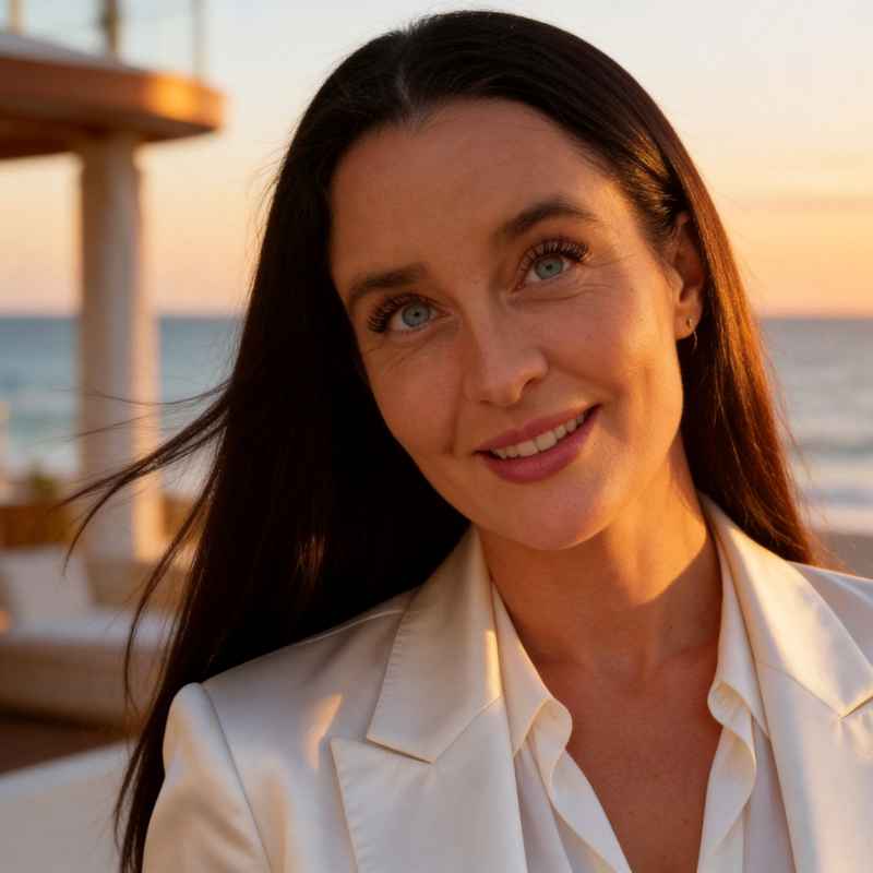Escort Dame Marzia von haut-nah.org mit weissen Seidenblazer im exklusiven Beachclub, laechlend; Headshot