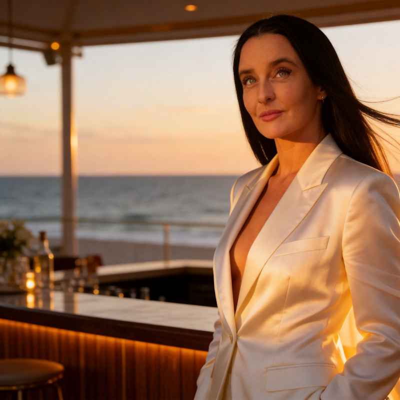 Escort Dame Marzia von haut-nah.org mit weissen Seidedress im exklusiven Beachclub, Mediumshot