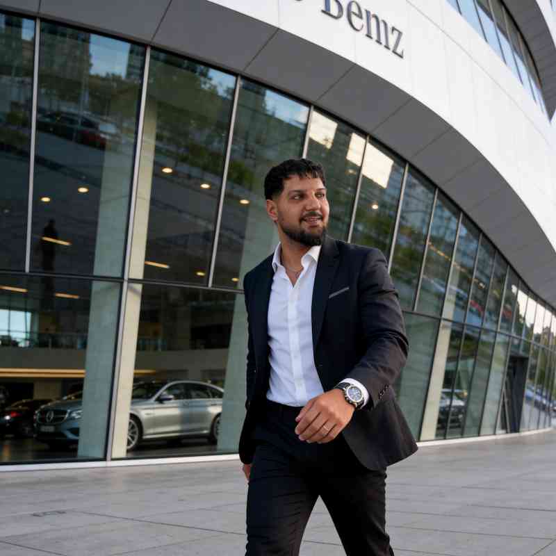 Escort Mann Alessandro von haut-nah.org im schwarzen Anzug vor Mercedes Benz Museum in Stuttgart