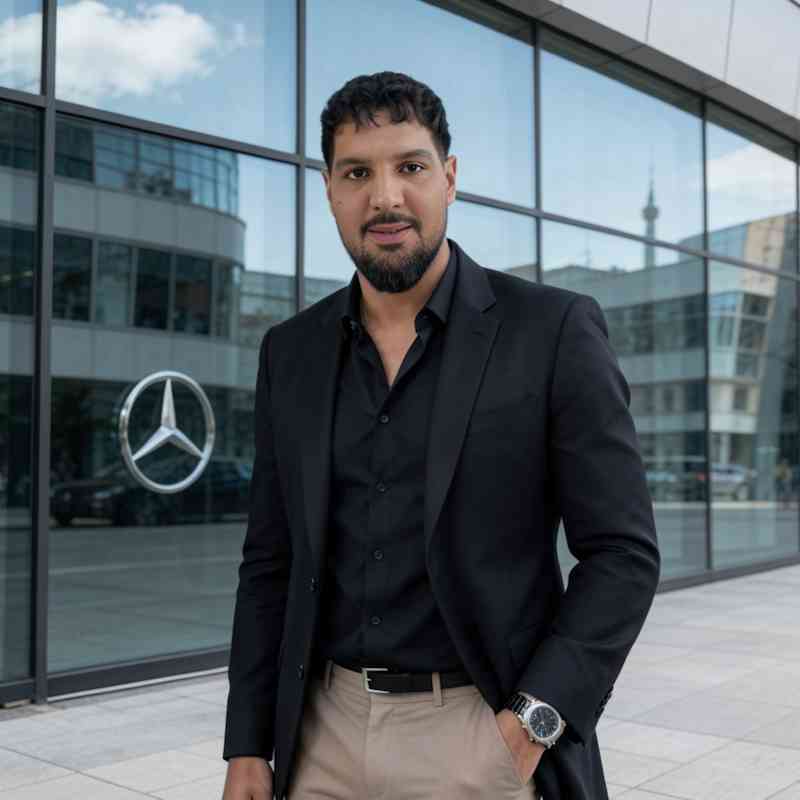 Escort Mann Alessandro von haut-nah.org im schwarzen Blazer vor Mercedes Benz Museum in Stuttgart