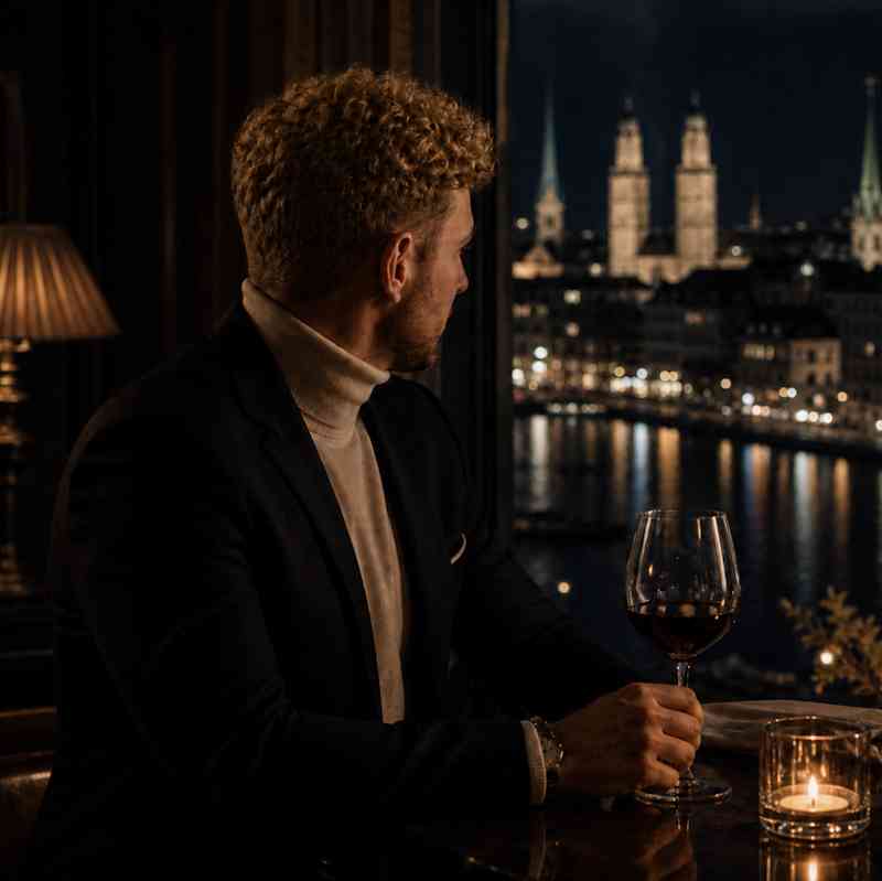 Escort Mann Julian von haut-nah.org elegant mit Weinglas, schaut aus Fenster