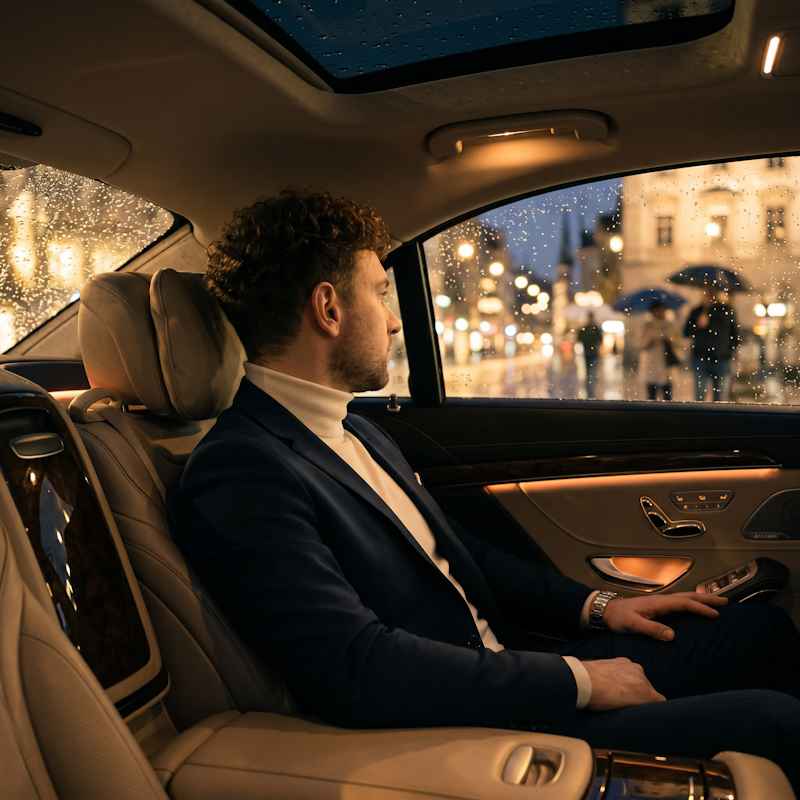Male Escort Julian from haut-nah.org in a blue suit inside a luxury car