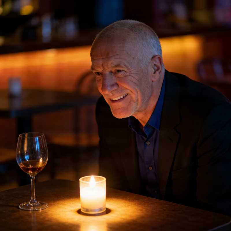 Callboy Oliver von haut-nah.org in der Bar sitzt am Tisch nach vorne gebeugt