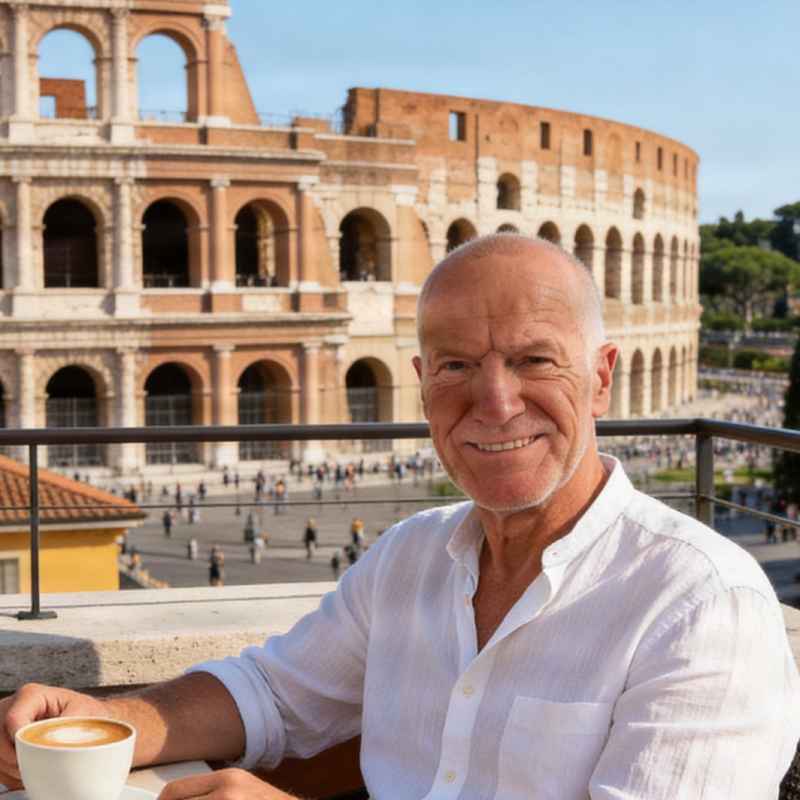 Male Escort Oliver from haut-nah.org sits smiling in the rooftop restaurant, with the Verona Arena in the background