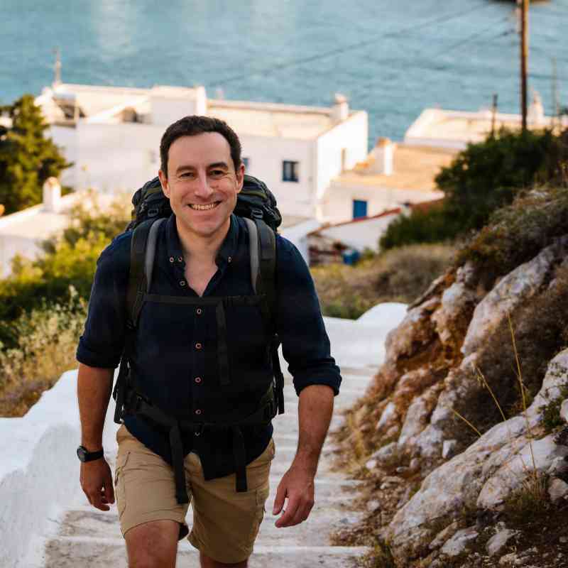 Escort Mann Etienne von haut-nah.org wandert Berg hinauf, Fullbodyshot näher, im Hintergrund griechische Hafenstadt