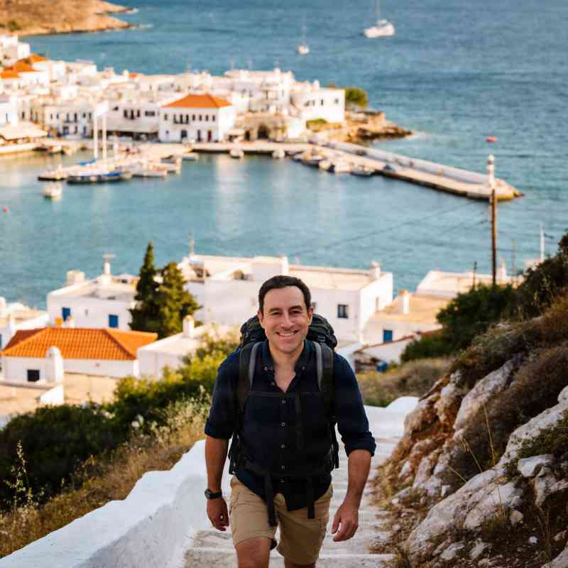 Escort Mann Etienne von haut-nah.org wandert Berg hinauf, Fullbodyshot, im Hintergrund griechische Hafenstadt