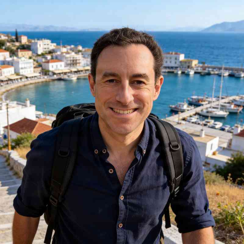 Escort Mann Etienne von haut-nah.org wandert Berg hinauf, im Hintergrund griechische Hafenstadt