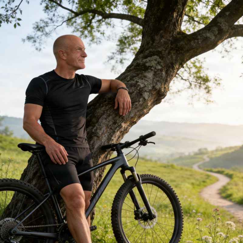 Escort Mann Oliver von haut-nah.org mit Mountainbike in der Natur am Baum