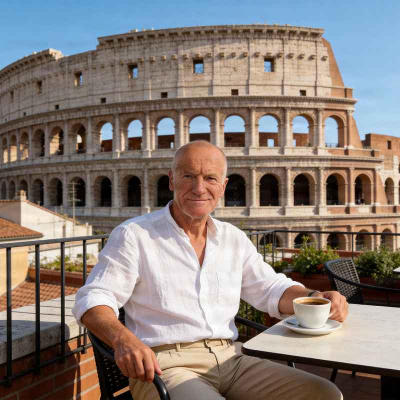 Oliver, a Male Escort from haut-nah.org, is sitting in the rooftop restaurant, with the Verona Arena in the background