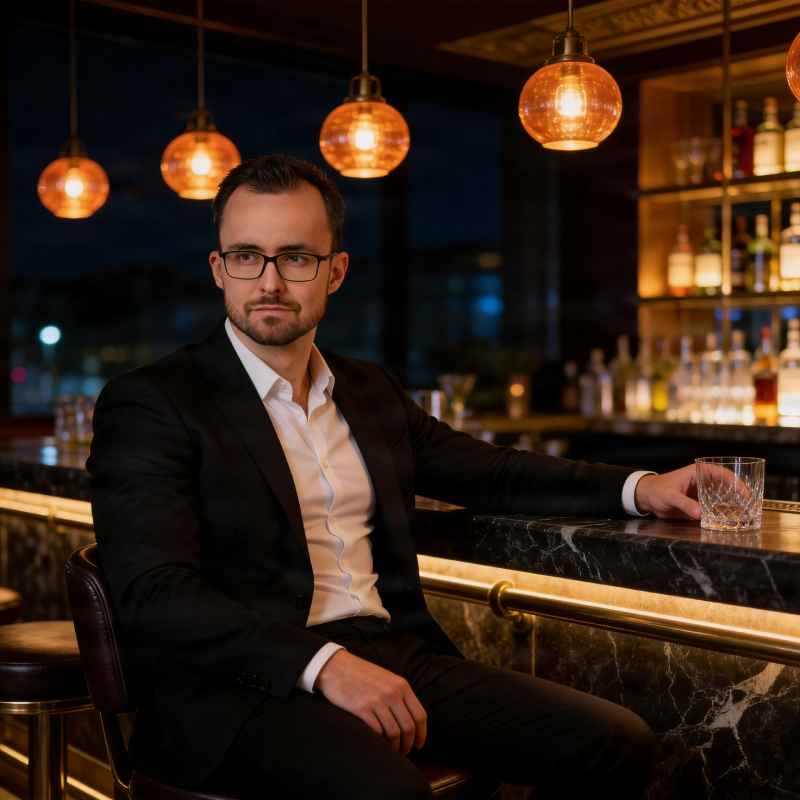 Callboy Alexander von haut-nah.org sitzend an Cocktailbar, schwarzer Anzug, Hand am Glas