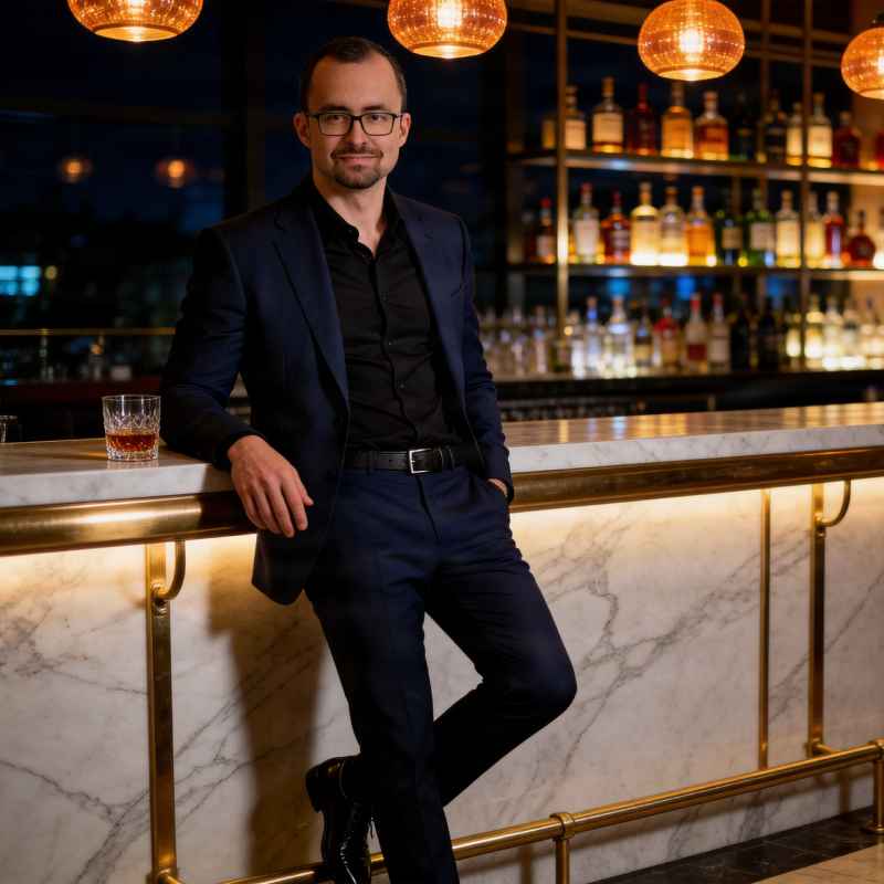 Callboy Alexander von haut-nah.org stehend an Cocktailbar, blauer Anzug, Fullbodyshot