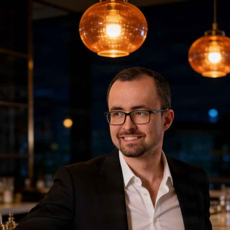 Callboy Alexander von haut-nah.org stehend an Cocktailbar, schwarzer Anzug, Headshot