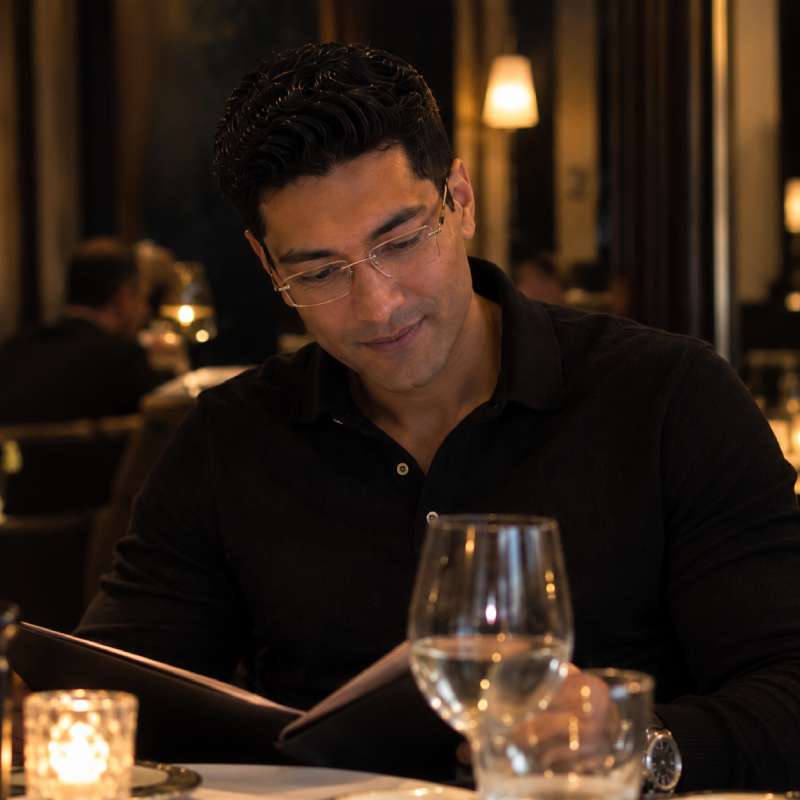 Male Escort David Ray from haut-nah.org, wearing a black shirt, looks at the menu