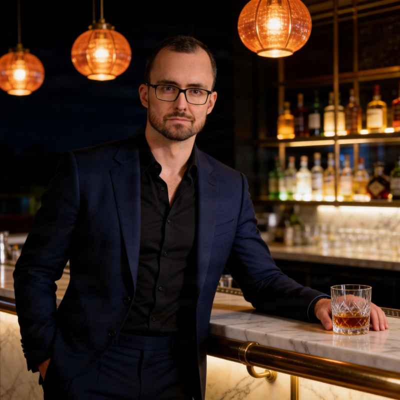 Escort Mann Alexander von haut-nah.org stehend an Cocktailbar, Hand am Glas, blauer Anzug